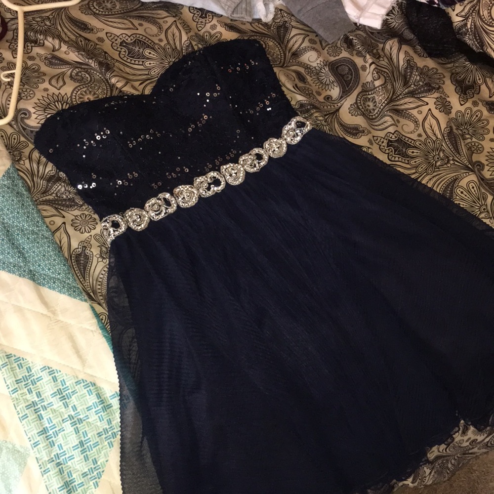 Navy blue strapless hoco dress with sequence